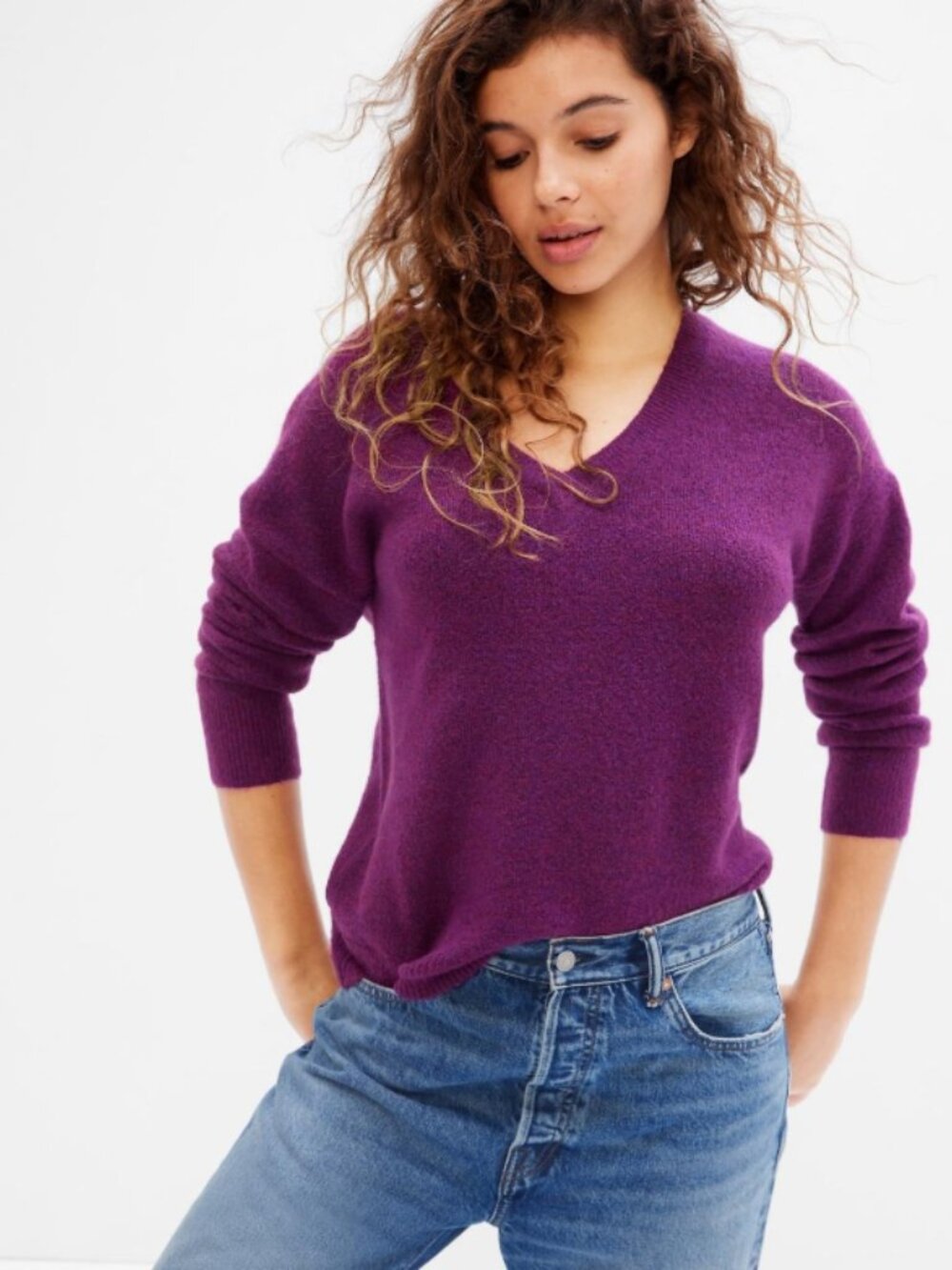 GAP Forever Cozy V-Neck Sweater Purple Magenta Soft Knit Size S